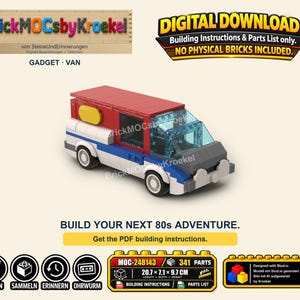 May include: A brick-built van model featuring a red roof, white and blue body, and a transparent windshield. Text includes "BrickMOCsbyKroekel", "DIGITAL DOWNLOAD: Building Instructions & Parts List only. NO PHYSICAL BRICKS INCLUDED.", "BUILD YOUR NEXT 80s ADVENTURE.", and "MOC-248143" with dimensions 20.7 x 7.1 x 9.7 cm.