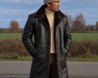 Men Shearling Long Leather Coat, Vintage Aviator Style Winter Jacket, Real Sheepskin Trench Coat, Warm Fur Lined Outerwear Gift for Men