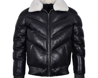 Men's V Bomber Quilted Puffer Black Real Leather Winter Jacket Faux Fur Collar
