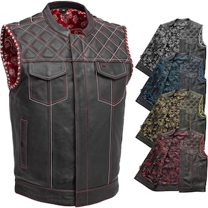 Men&#39;s Genuine Cowhide Leather Motorcycle Vest, Hunt Club Style Biker Vest, Diamond Quilting Paisley Motorbike Conceal Carry Pocket Vest