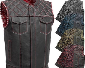 Gilet da motociclista in vera pelle di vacchetta da uomo, stile Hunt Club, con trapuntatura a rombi e motivo Paisley, con tasca nascosta per il trasporto.
