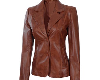 Women's Genuine Lambskin Leather Blazer Coat Jacket, Brown Distressed Handmade Leather Blazer Jacket, Stylish Premium Leather Outerwear