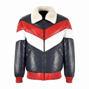 Mens Real Lambskin Leather V bomber Puffer Jacket, Down Padded Leather Streetwear Jacket, Men&#39;s Retro Bomber Coat, Handmade Gift for Him