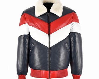 Chaqueta bomber acolchada de piel de cordero auténtica para hombre, estilo urbano, estilo retro, regalo hecho a mano.