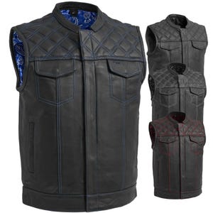 Men&#39;s Genuine Cowhide Leather Motorcycle Conceal Carry Biker Vest,  Diamond Quilting Paisley Print Motorbike Vest, Club Style Leather Vest