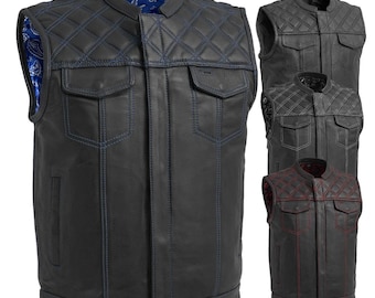 Gilet da motociclista in vera pelle di vacchetta da uomo, con trasporto nascosto, gilet da motociclista con stampa paisley e trapuntatura a rombi, gilet in pelle stile club