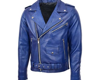 Chaqueta de cuero Brando azul vintage para hombre, chaqueta de motociclista, abrigo de cuero auténtico hecho a mano, estilo retro rockero Cafe Racer