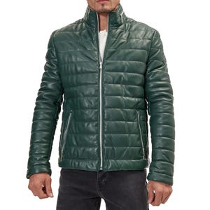 Piumino in vera pelle verde, elegante e caldo cappotto invernale, capospalla imbottito in piuma d'oca, giacca imbottita alla moda per uomo e donna.