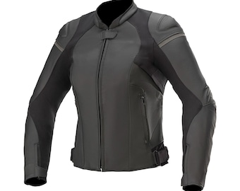 Women's Motorbike Leather Moto GP Racing Jacket, Black Motorcycle Jacket for Women, CE-Certified Armor, Leather Sportbike Riding Jacket