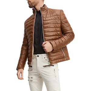 Jaqueta de couro marrom, casaco de inverno estilo vintage, jaqueta bomber acolchoada quente, agasalho retrô de outono, acolchoada feita à mão, presente de streetwear unissex