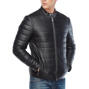 Jaqueta de couro masculina, casaco de inverno estilo vintage, jaqueta de couro preta acolchoada, jaqueta bomber acolchoada quente – streetwear, agasalhos artesanais