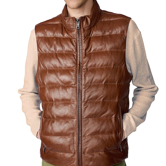Handcrafted Men's Genuine Lambskin Leather Puffer Vest, Padded