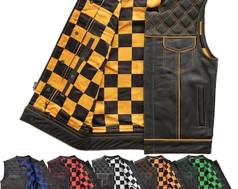 Gilet da motociclista in vera pelle di vacchetta da uomo, gilet con tasca nascosta, gilet da motociclista in stile Hunt Club, gilet da motociclista trapuntato a rombi