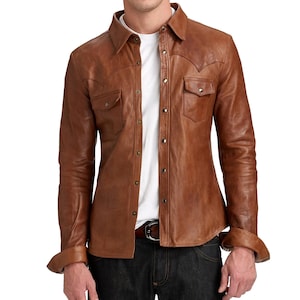 Premium Brown Button-up Lambskin Leather Shirt – Full-Sleeve, Stylish & Durable – Perfect for Casual and Formal Occasions, Comfortable Fit