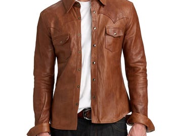 Premium Brown Button-up Lambskin Leather Shirt – Full-Sleeve, Stylish & Durable – Perfect for Casual and Formal Occasions, Comfortable Fit