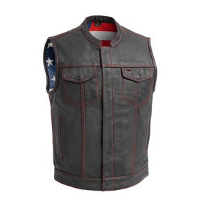 Men Genuine Cowhide Leather Motorcycle Vest, American Flag Conceal Carry Pocket Vest, Hunt Club Style Biker, Custom Handmade Motorbike Vest