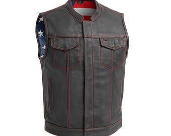 Men Genuine Cowhide Leather Motorcycle Vest, American Flag Conceal Carry Pocket Vest, Hunt Club Style Biker, Custom Handmade Motorbike Vest