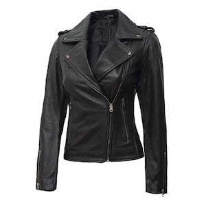 Chaqueta de motociclista de piel auténtica para mujer, original de piel de cordero, hecha a mano, estilo motociclista, con corte recortado, vintage o clásico.