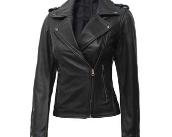 Women's Genuine Leather Biker Jacket, Original Lambskin Women Handmade Leather Jacket, Biker Moto Style, Cropped, Vintage, or Classic Fit