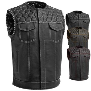 Echtes Rindsleder für Herren verdeckte Tragetasche Motorradweste, Hexagon Quilting Paisley Motorradweste, Hunt Club Style Bikerweste