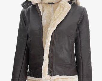Chaqueta bomber de piel de oveja estilo aviador de la RAF para mujer / Abrigo de invierno con capucha de piel de oveja auténtica / Moda motera / Prenda exterior acogedora hecha a mano como regalo