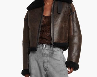 Echtleder Shearling Bomberjacke Damen | RAF B3 Aviator Fliegen Biker Style | Wintermantel | Beunruhigt Vintage Mode Geschenk für sie