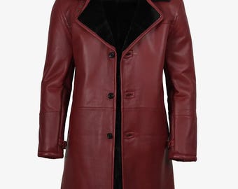Men's Aviator Shearling Long Leather Coat – Warm Winter Leather Sheepskin Jacket, Distressed Vintage Style Outerwear, Handmade Gift for Him