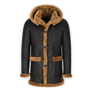 Men&#39;s RAF Leather Shearling Long Duffel Coat with detachable Hood, Genuine Sheepskin Warm Winter Jacket, Vintage Fashion Handmade Outerwear