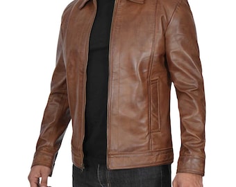 Distressed Leather Jacket Men, Vintage Classic Coat Style, Brown Leather Outerwear, Biker Cafe Racer Retro Fashion, Handmade Gift for Him
