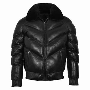 Black Leather V Bomber Jacket Men’s, Real Lambskin Leather Puffer Padded Jacket, Vintage Bomber Coat, Streetwear Outerwear Gift for Him