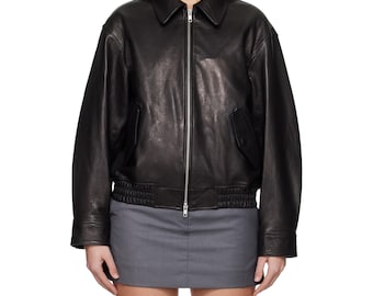 Women's Classic Black Jacket Streetwear Bomber Leather Jacket Ladies Lambskin Leather Plus Size Jacket Gift For Her Oversized Leather Jacket