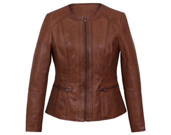 Women Lambskin Leather Jacket, Original Leather Jacket, Collarless Design Fashion Leather Jacket, Casual Leather Jacket Women, Gift For Her