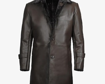 Mens Long Shearling Leather Coat | Vintage Aviator Style Winter Jacket | Real Sheepskin Trench Coat | Warm Handmade Outerwear