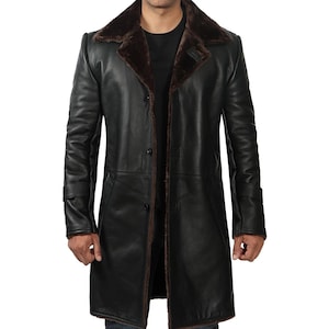 Men Shearling Long Leather Coat, Vintage Aviator Style Winter Jacket, Real Sheepskin Trench Coat, Warm Fur Lined Outerwear Gift for Men