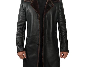 Lång läderkappa i fårskinn för män, vinterjacka i vintage-stil med pilotmönster, trenchcoat i äkta fårskinn, ytterkläder med varmt foder för män