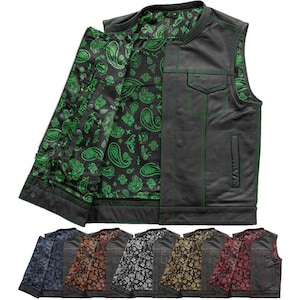 Men&#39;s Genuine Cowhide Leather Motorcycle Club Style Vest, Conceal Carry Paisley Vest, Riding Leather Biker Vest, Handcrafted Leather Vest