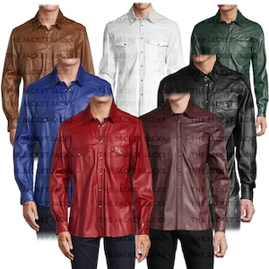 以下が含まれることがあります： 茶色、白、緑、黒、青、赤、ワインレッドなど、さまざまな色の長袖革シャツ7枚のセットです。各シャツはボタンダウンカラー、胸ポケット2つ、ボタン留めフロントです。