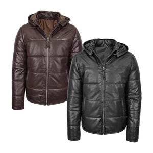Jaqueta masculina de couro com capuz removível, casaco de inverno quente e estiloso, agasalho de couro genuíno, jaqueta acolchoada com isolamento, presente para ele