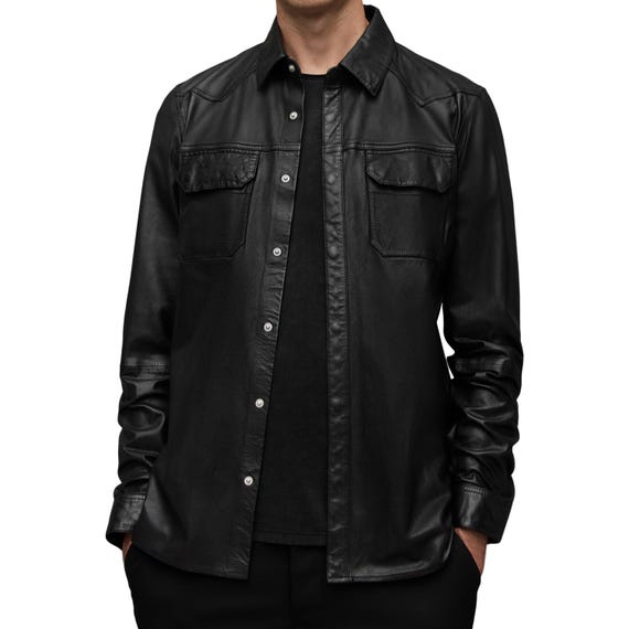 Camicia in Pelle Nera Fatta a Mano Agnello Vera Donna Casual Morbida Camicia in Pelle Nera Fatta a Mano Agnello Vera Donna Casual Morbida
