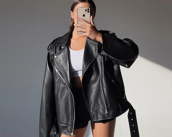 Blouson motard surdimensionné en cuir noir pour femme, cuir véritable souple, coupe ample, style moto, streetwear avant-gardiste, vêtements d'extérieur automne, cadeau pour elle