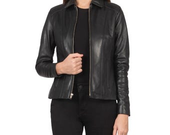 Chaqueta de cuero para mujer, abrigo de motociclista de piel de cordero auténtica, moda de otoño negra, estilo vintage, regalo para ella, abrigo hecho a mano.