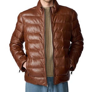 Jaqueta de couro marrom com plumas, casaco quente de inverno, jaqueta bomber acolchoada masculina/feminina, agasalho de couro moderno, jaqueta acolchoada de plumas