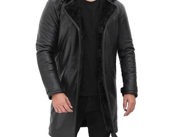 Lång läderpälskappa för män, vintage shearlingjacka, lång pilotkappa i fårskinn för män, handgjorda snygga vinterytterkläder i present