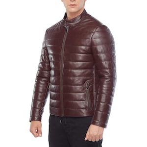 Men&#39;s Leather Puffer Jacket – Warm Winter Padded Coat, Vintage Bomber Style, Biker Outerwear, Real Lamb Leather Jacket for Men, Gift for Him