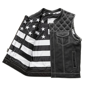 Men Genuine Cowhide Leather Motorcycle Vest, American Flag Conceal Carry Pocket Vest, Hunt Club Style Biker Vest, Custom Leather Quilt Vest