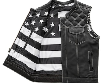 Gilet da motociclista in vera pelle di vacchetta da uomo, gilet con tasca nascosta con bandiera americana, gilet da motociclista in stile Hunt Club, gilet trapuntato in pelle personalizzato
