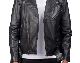 Men's Leather Biker Jacket, Stylish Genuine Lambskin Leather Motorcycle Jacket for Men, Trendy Outerwear, Vintage Look, Perfect Gift For Him