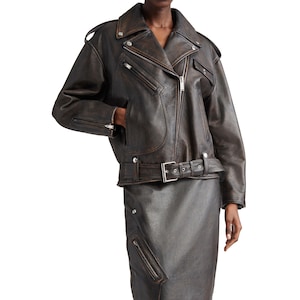Women&#39;s Dark Brown Retro Distressed Genuine Leather Jacket | Oversized Vintage Style | Real Leather Bomber Coat | Fall Fashion Gift for Her