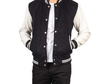 Black & White Varsity Jacket, Unisex Letterman Jacket, Custom College Bomber Jacket, Retro Style Baseball Jacket, Personalized Gift for Him