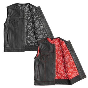 Men&#39;s Genuine Cowhide Leather Motorcycle Club Style Vest, Conceal Carry Paisley Print, Riding Leather Biker Vest, Handcrafted Leather Vest